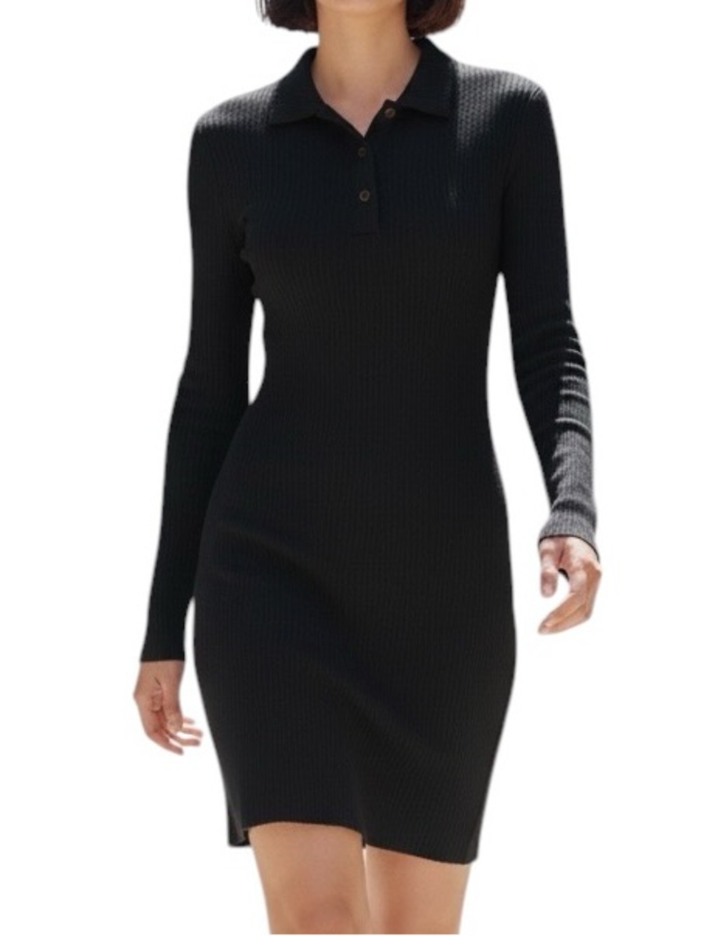 Rewind Black Ribbed Long-Sleeve Polo Knit Dress Size Medium